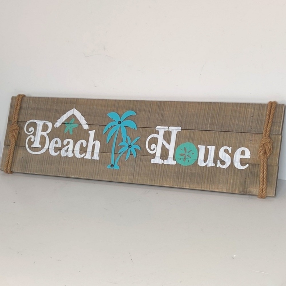 Rustic Beach House Wooden Plank Wall Hanging Decor Palm Trees Sanddollar Rope